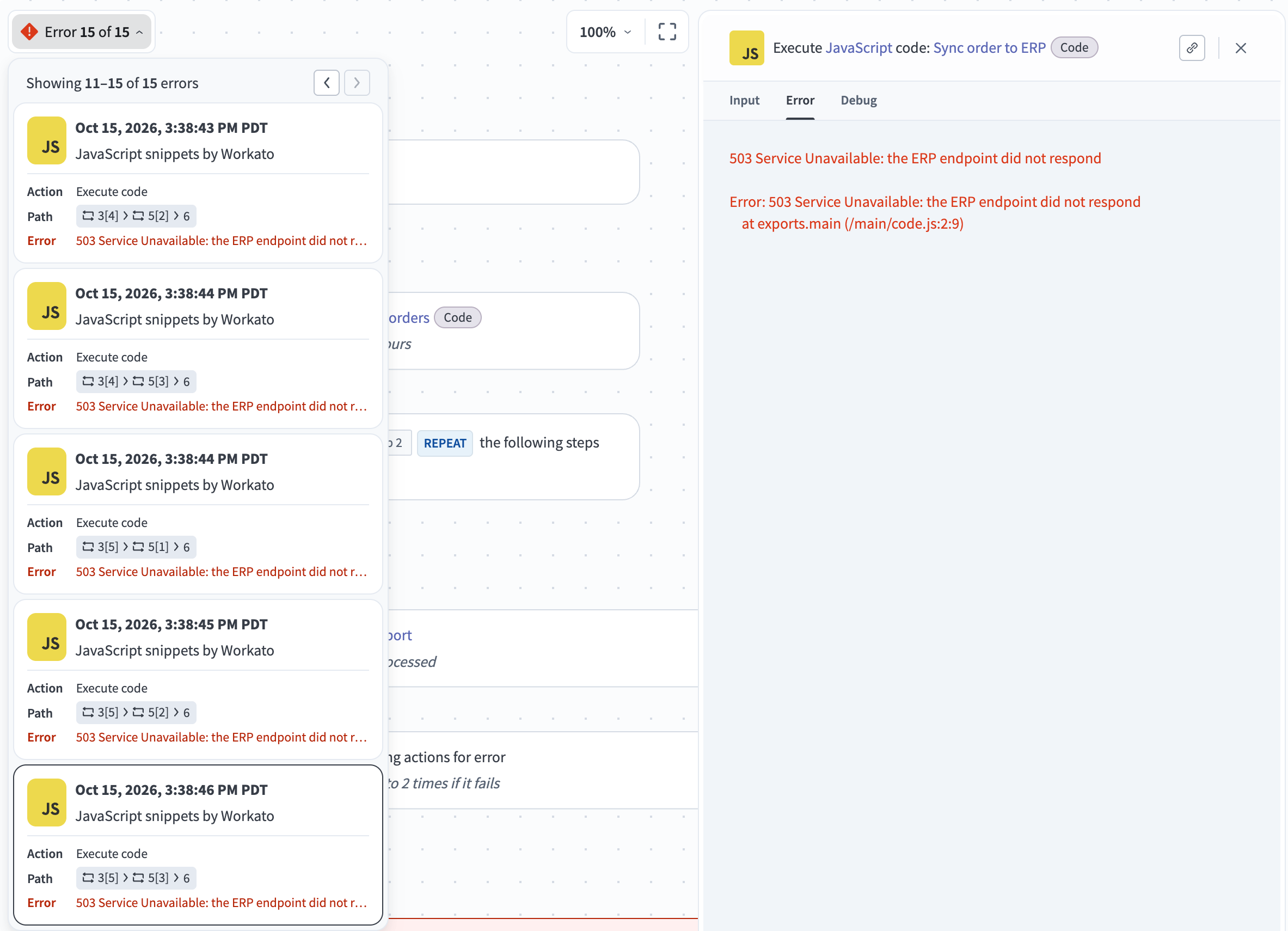 A job with the error drop-down menu open, listing errors with timestamp, action, path, and error text.