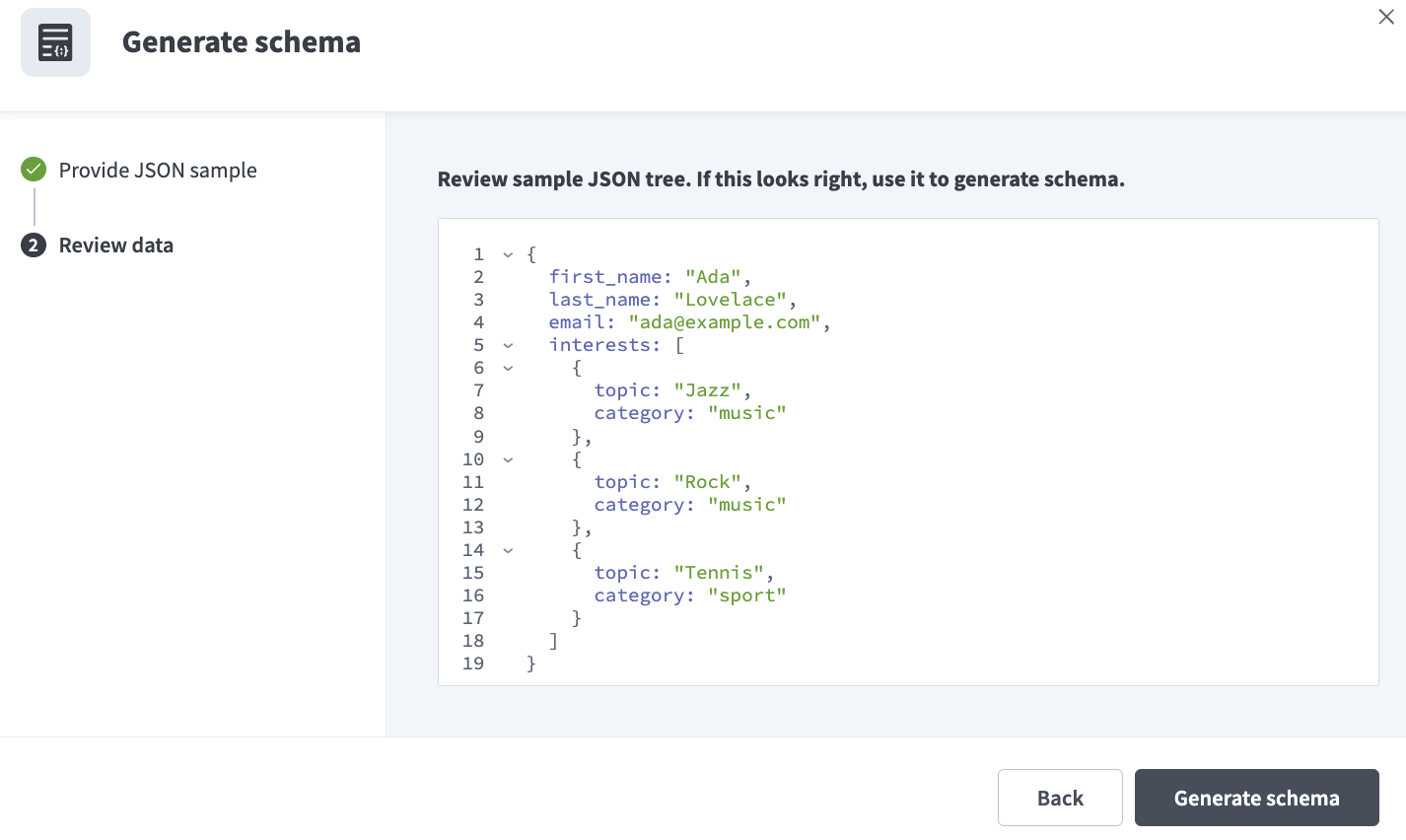 Provide a JSON sample to generate a schema