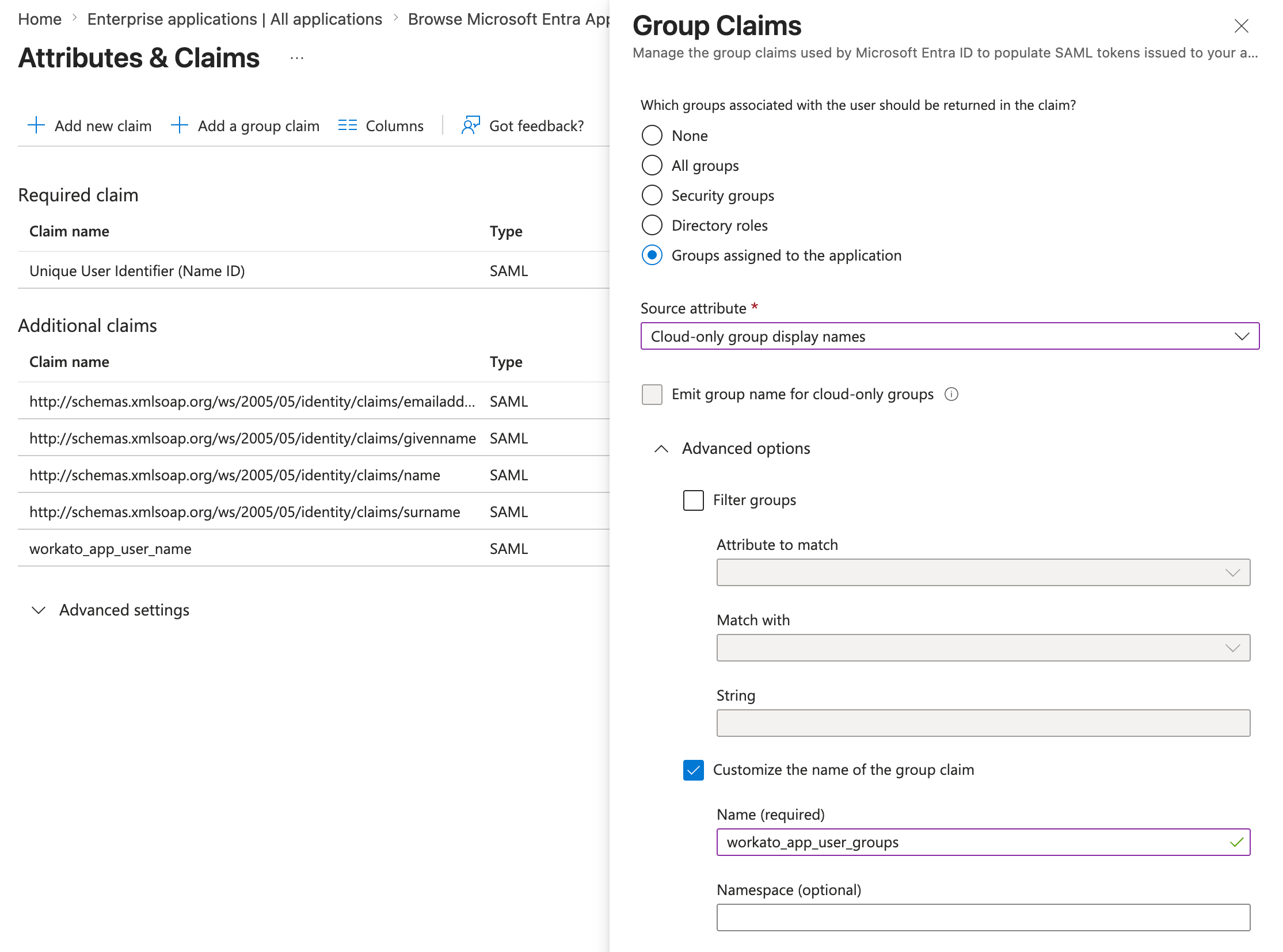 Group claim in Microsoft Entra ID returning cloud-only group display names as workato_app_user_groups.
