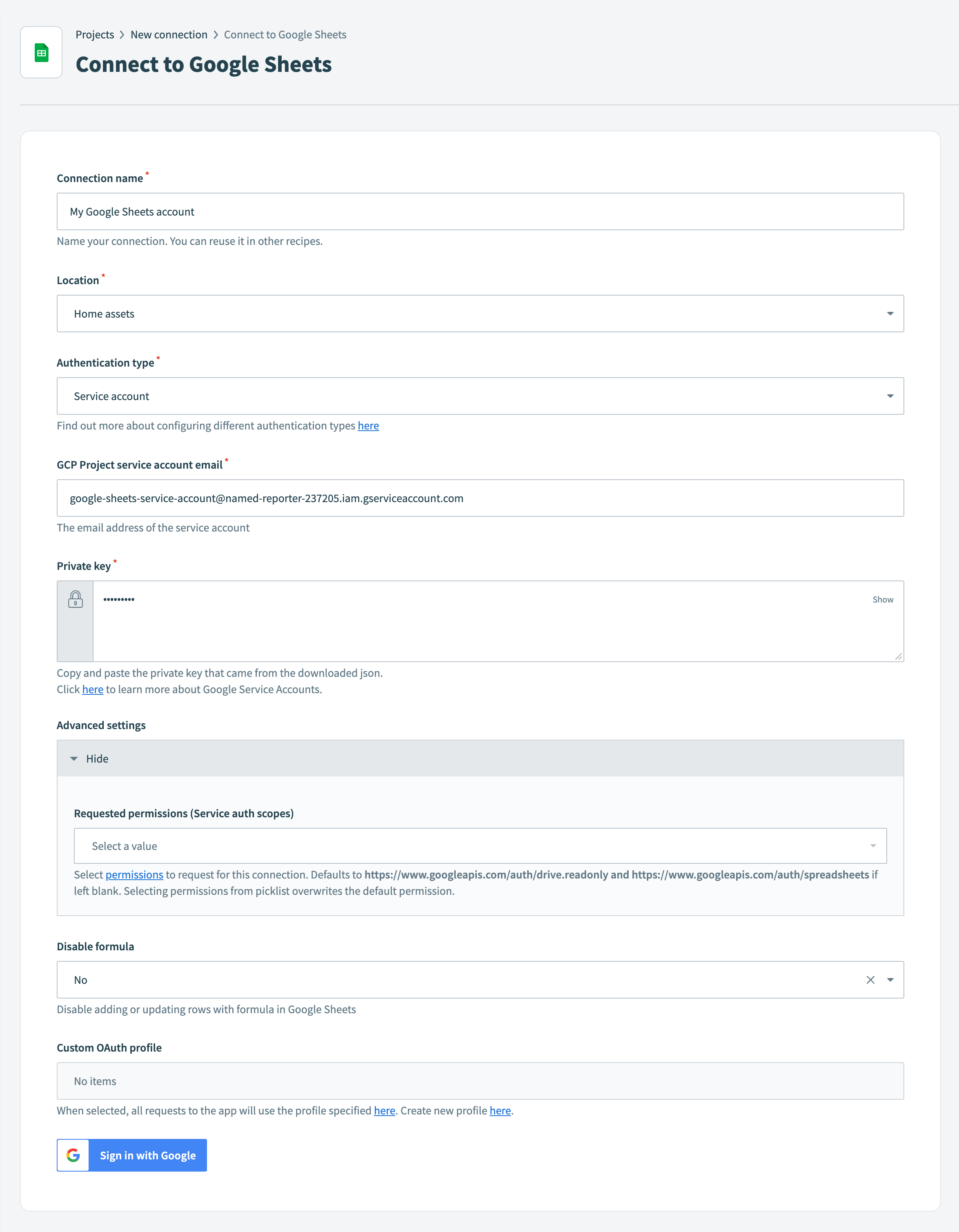 Configuring Google Sheet SA connection