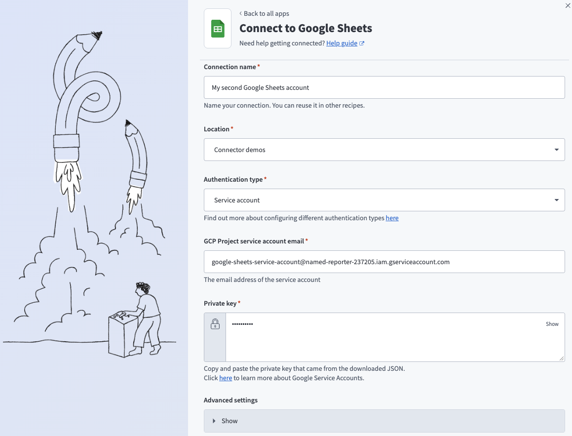 Google Sheet service account connection fields