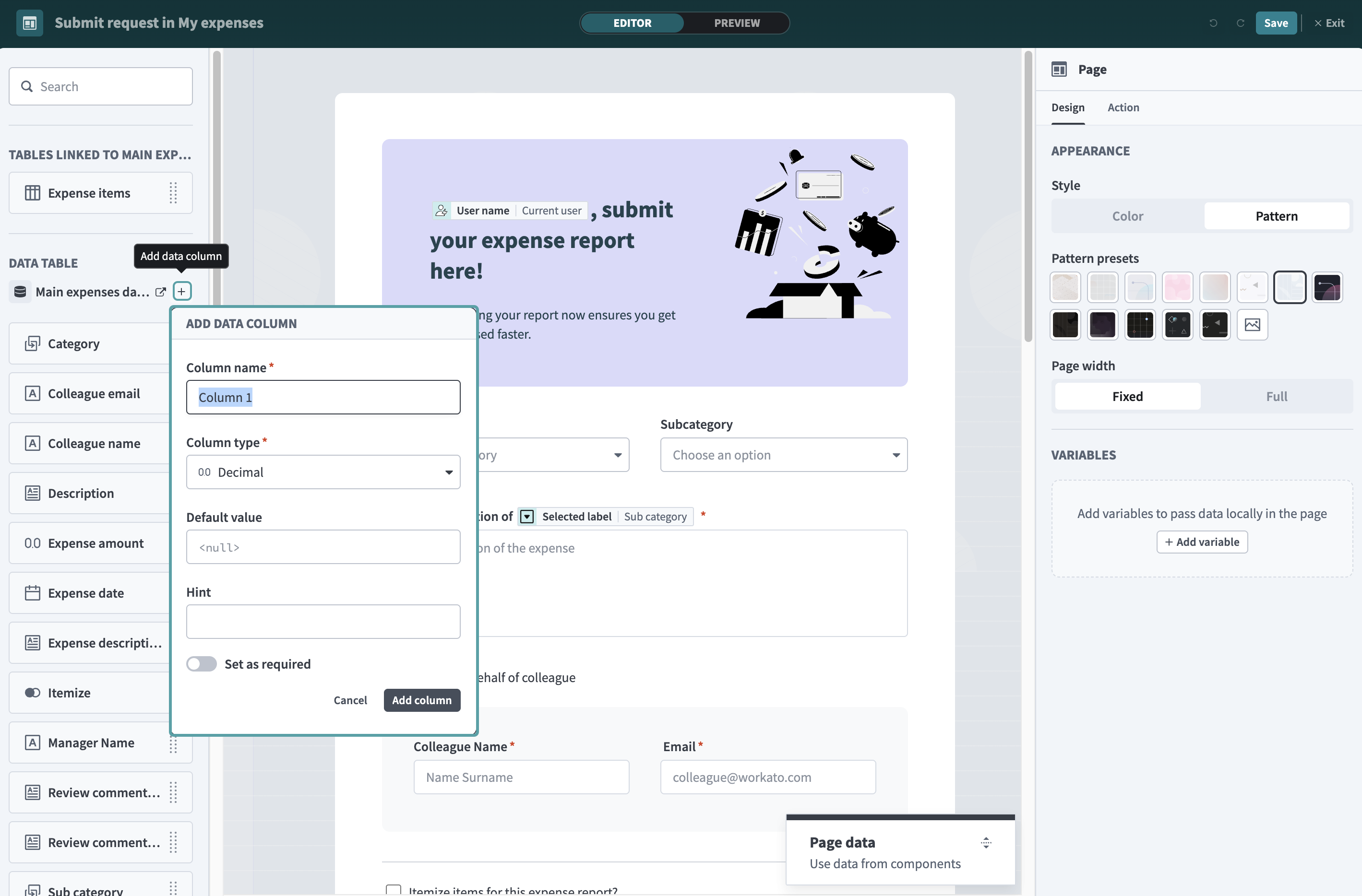 Add column from editor