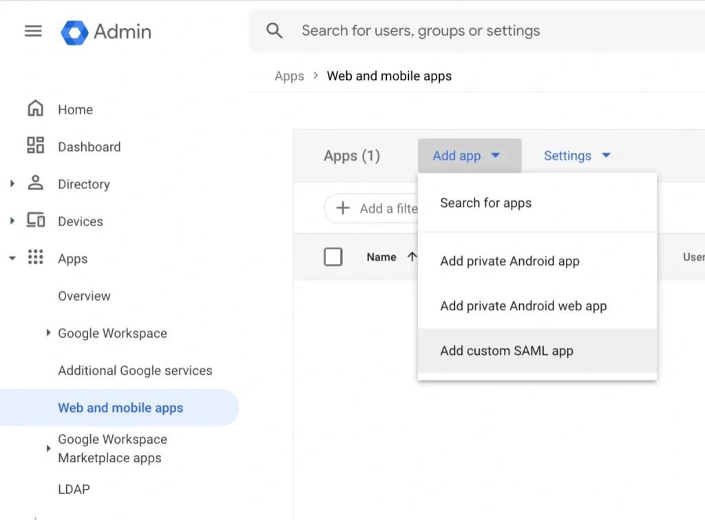 Click Add App > Add custom SAML app