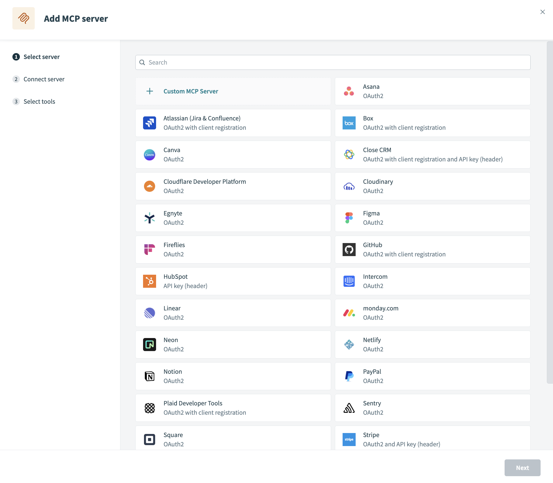 Select an MCP server option