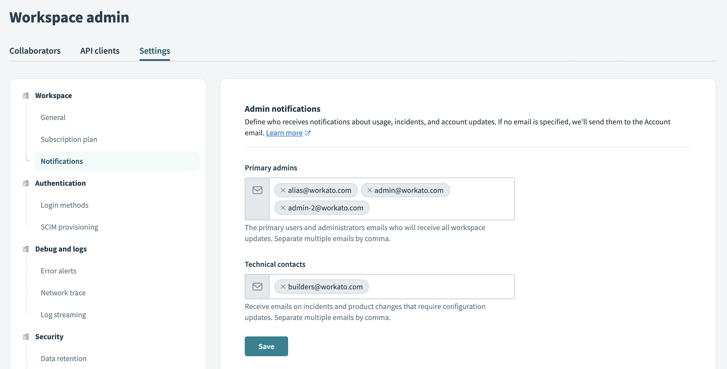 Configure admin notification contacts