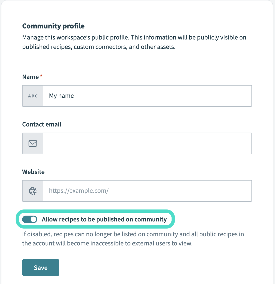 Allow recipes to be published on community