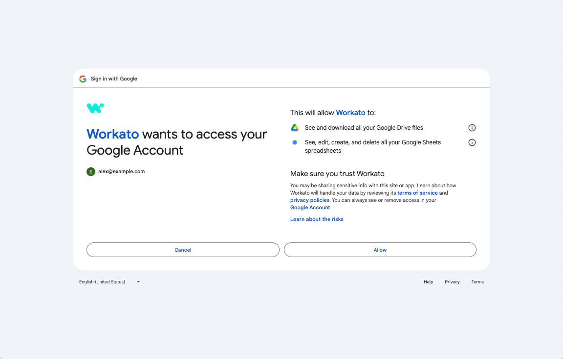 Click Allow to enable Workato to access your Google account