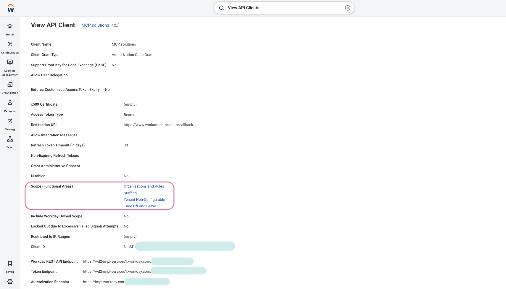 Enter the scopes for the connection in the Scope (Functional Areas) field