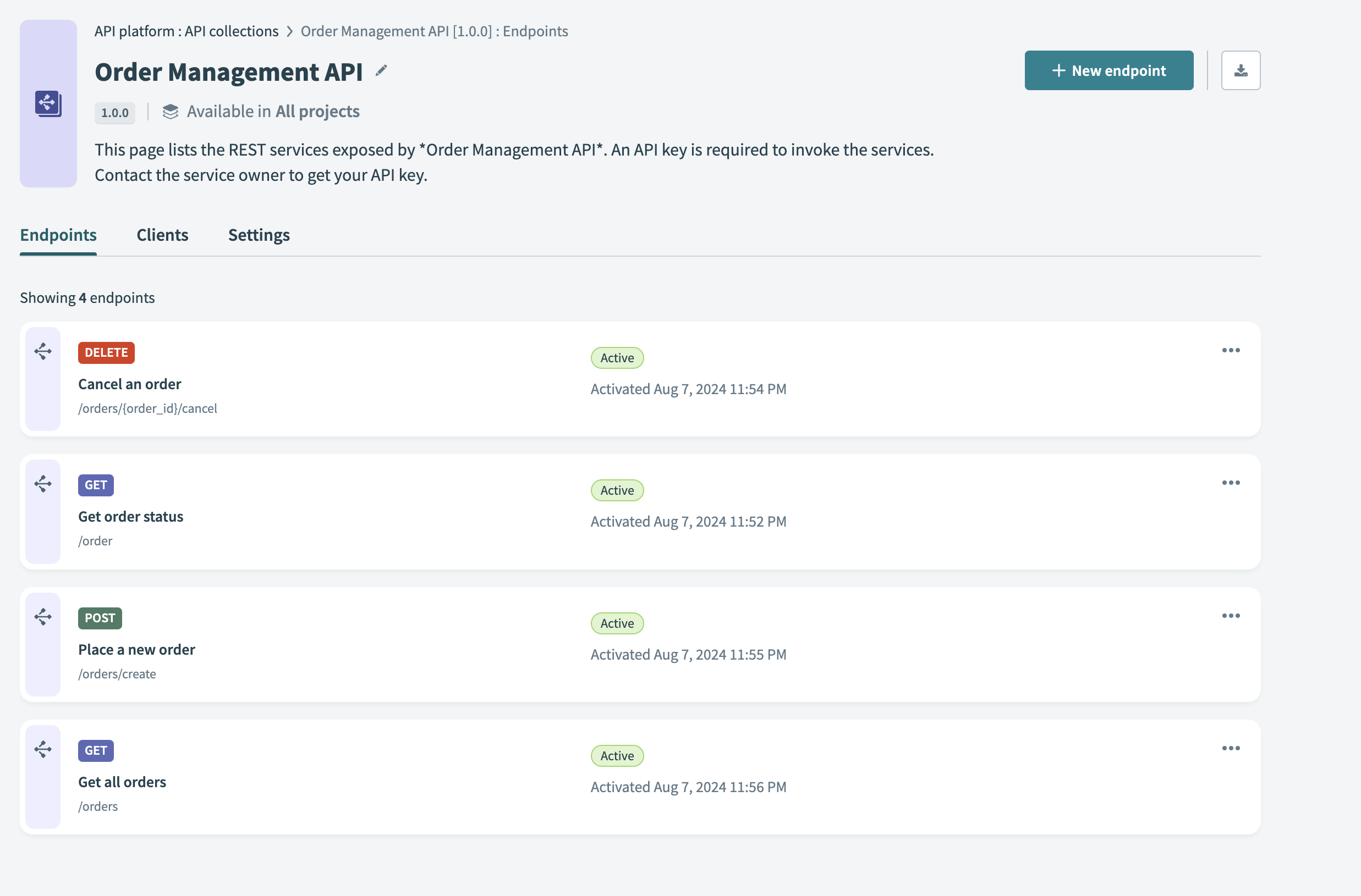 Endpoints in an API collection