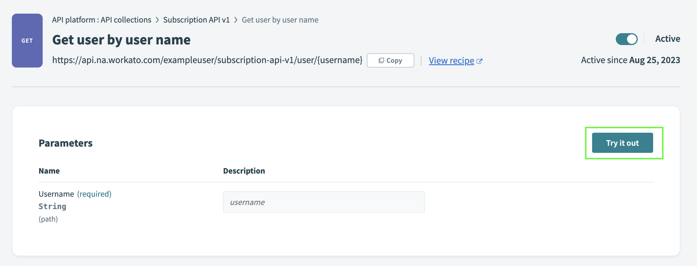 API recipe endpoint Try it out button