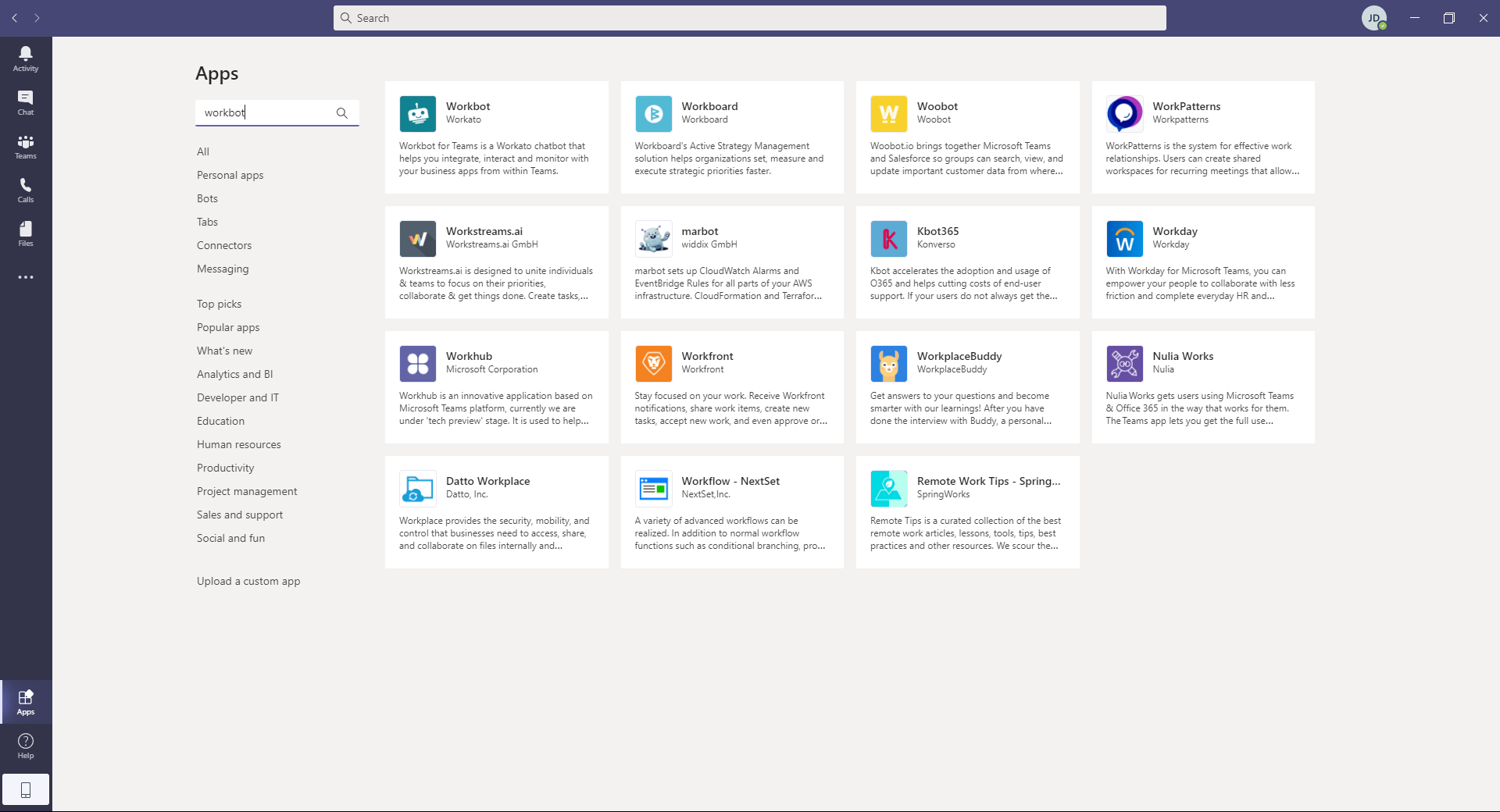 Searching for Workbot in App catalog
