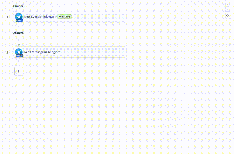 Click + Add step before the Telegram Send Message action step