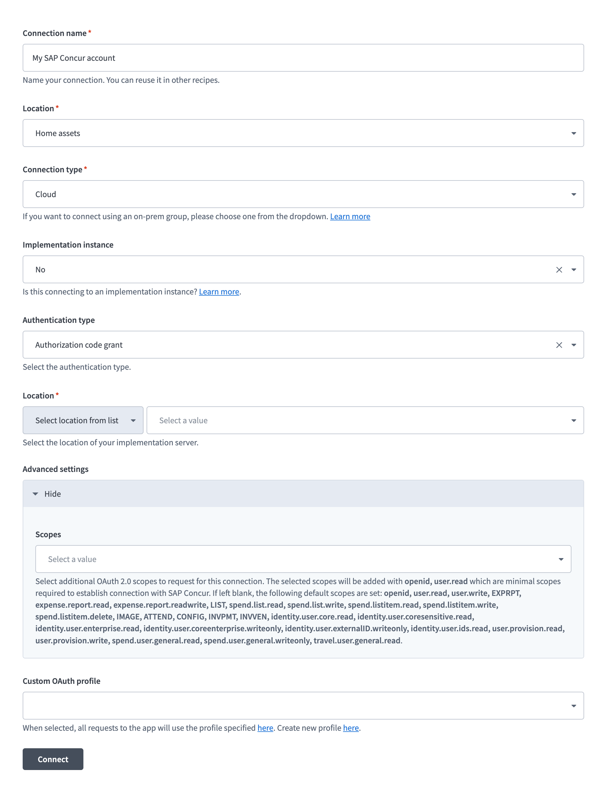 Connect to SAP Concur using authorization code grant