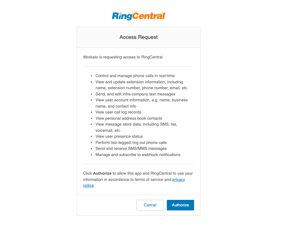 Authorize Workato to access your RingCentral account