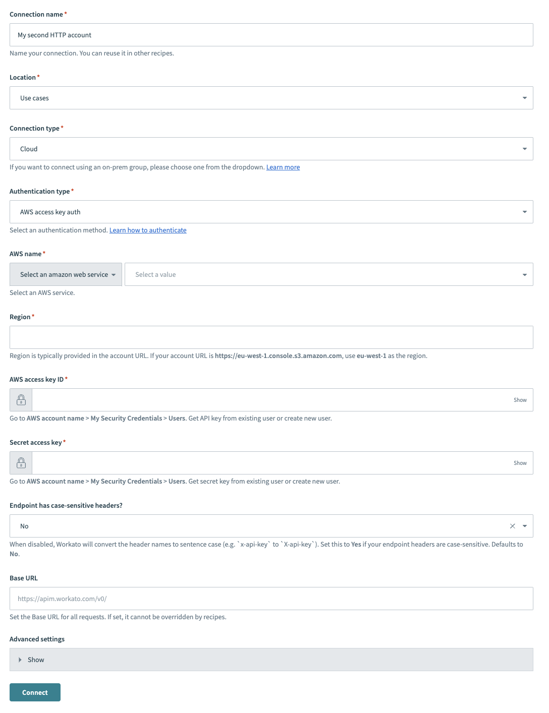 HTTP (AWS access key auth) connector's connection fields