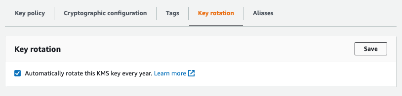 The Key rotation tab and enablement checkbox in the Key Details page of AWS