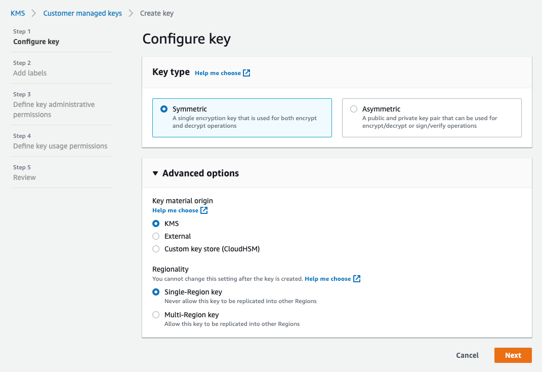 The Configure key page in AWS KMS