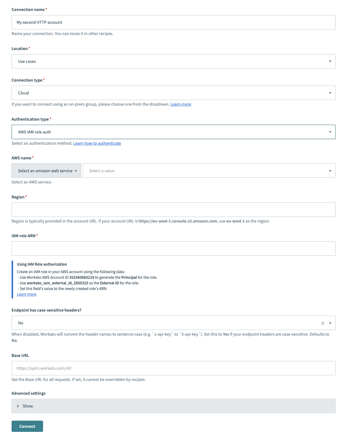 HTTP (AWS IAM) connector's connection fields