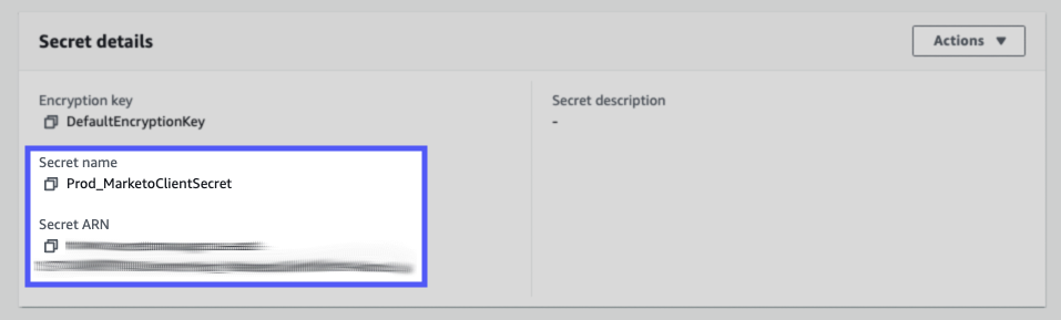 Highlighted secret name and ARN in AWS Secrets Manager