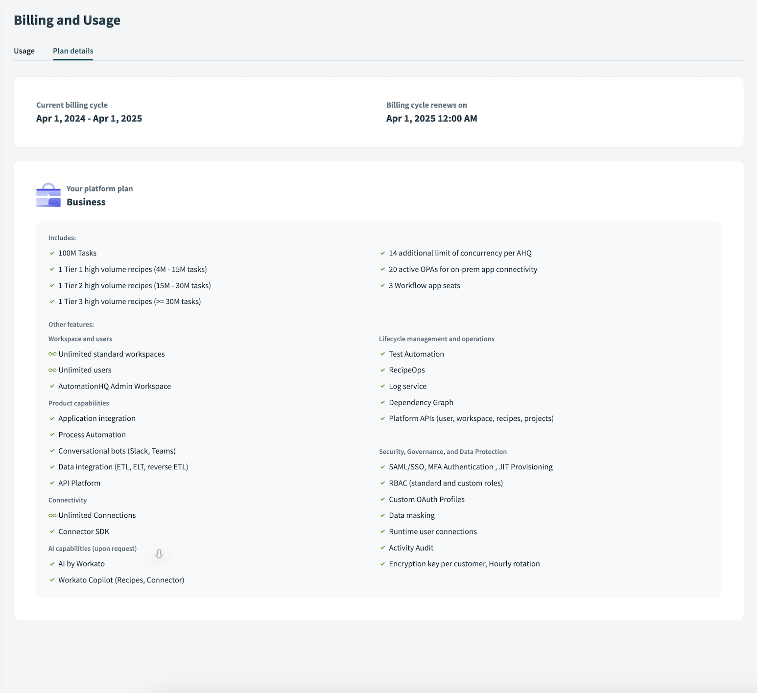 Billing and plan details