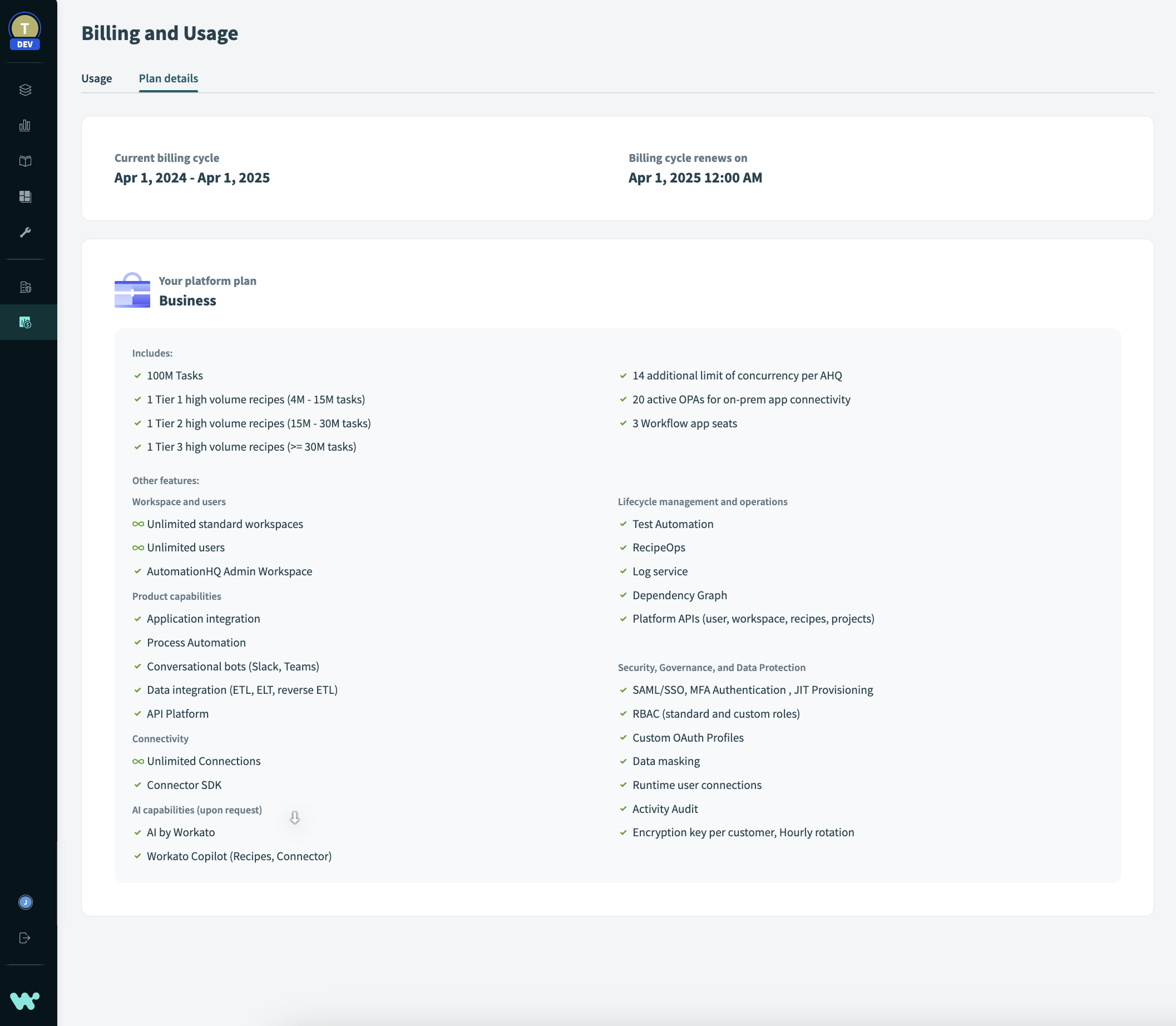 Billing and plan details