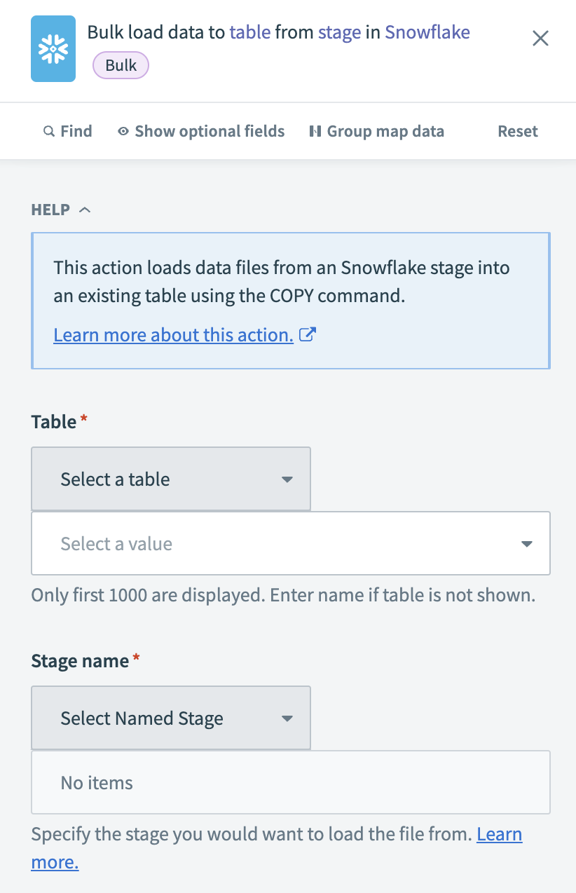 Configure the Bulk load data to table from stage action