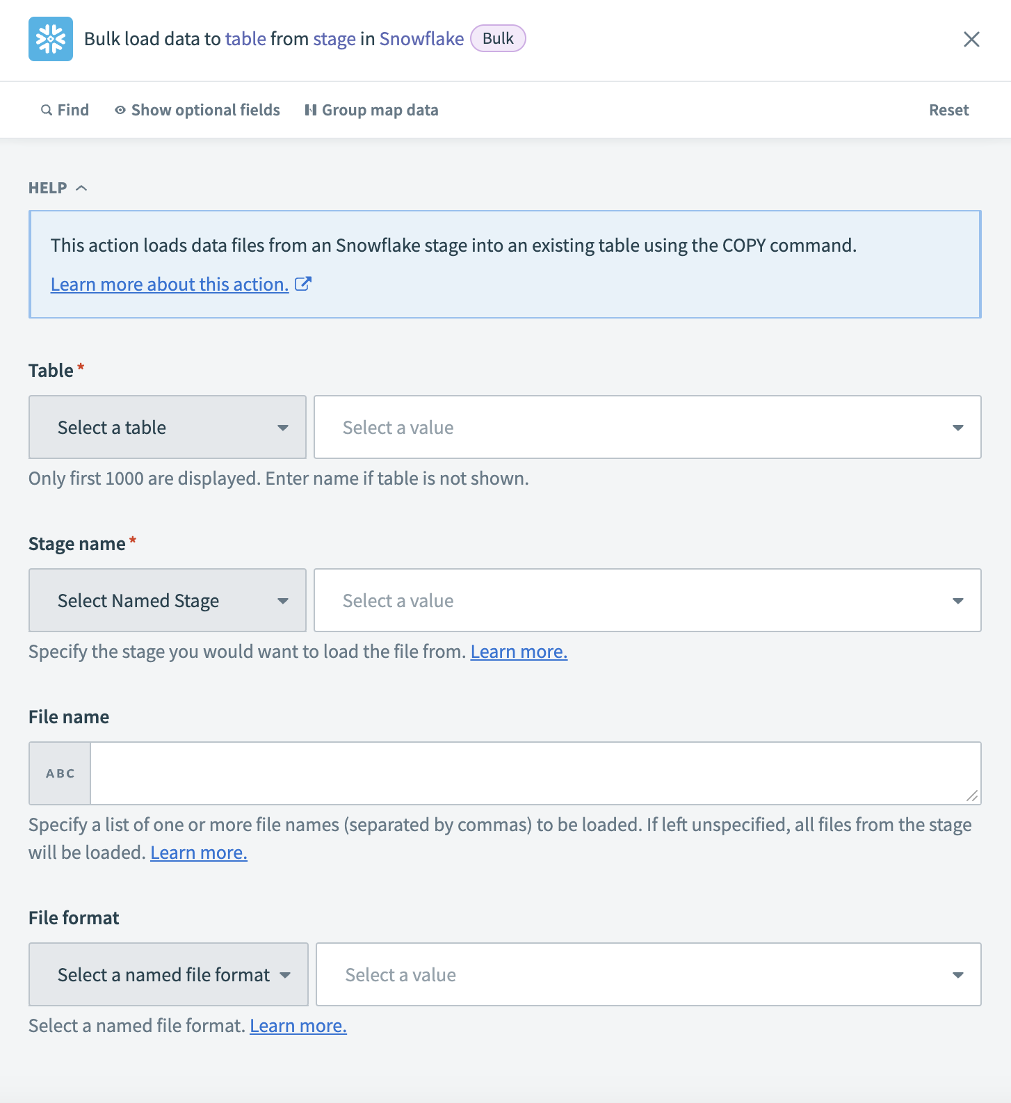 Configure the Bulk load to table from stage action