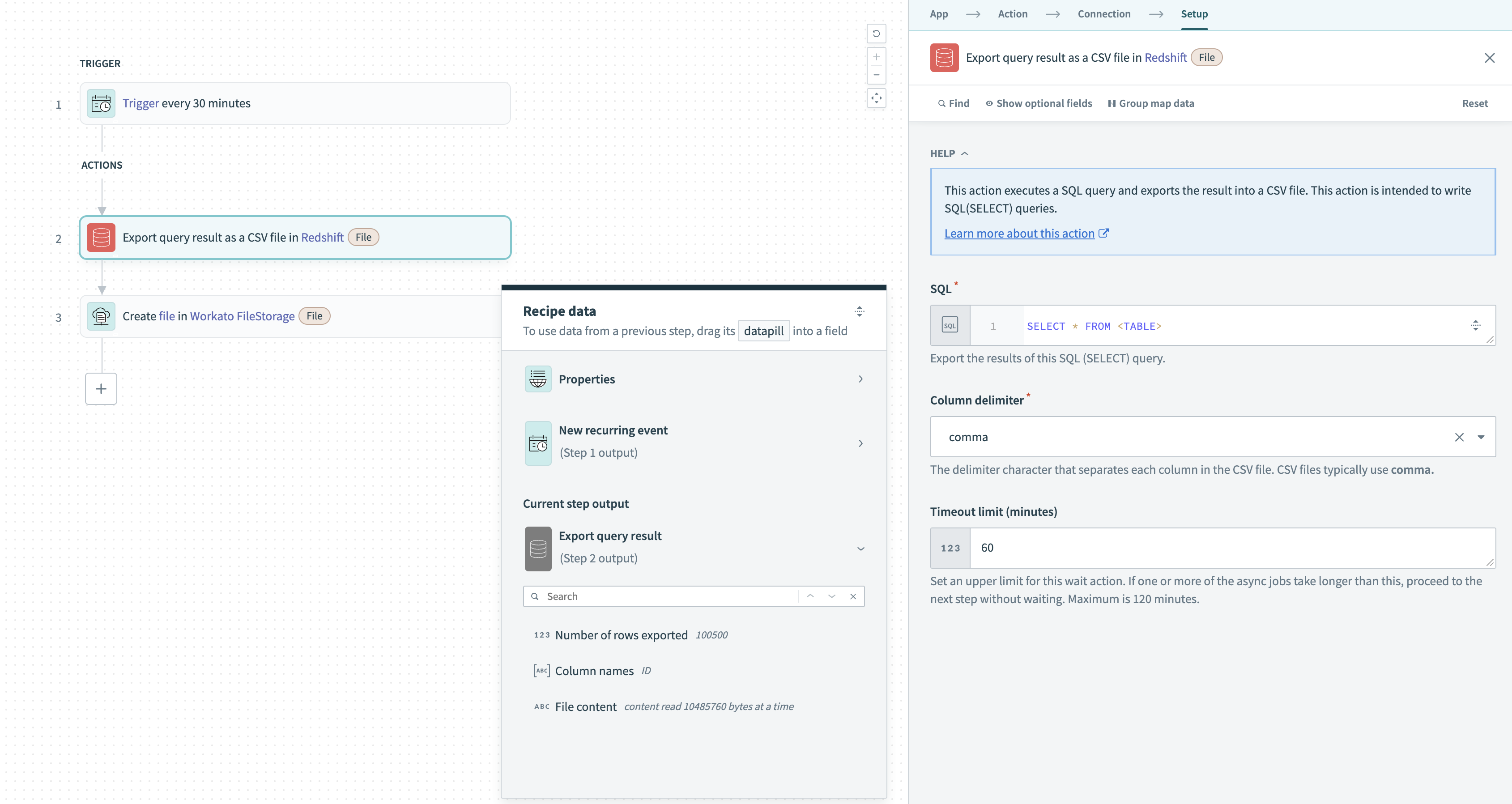 Export query result action cloud connection