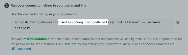 The cluster URI highlighted in the Mongo connection string