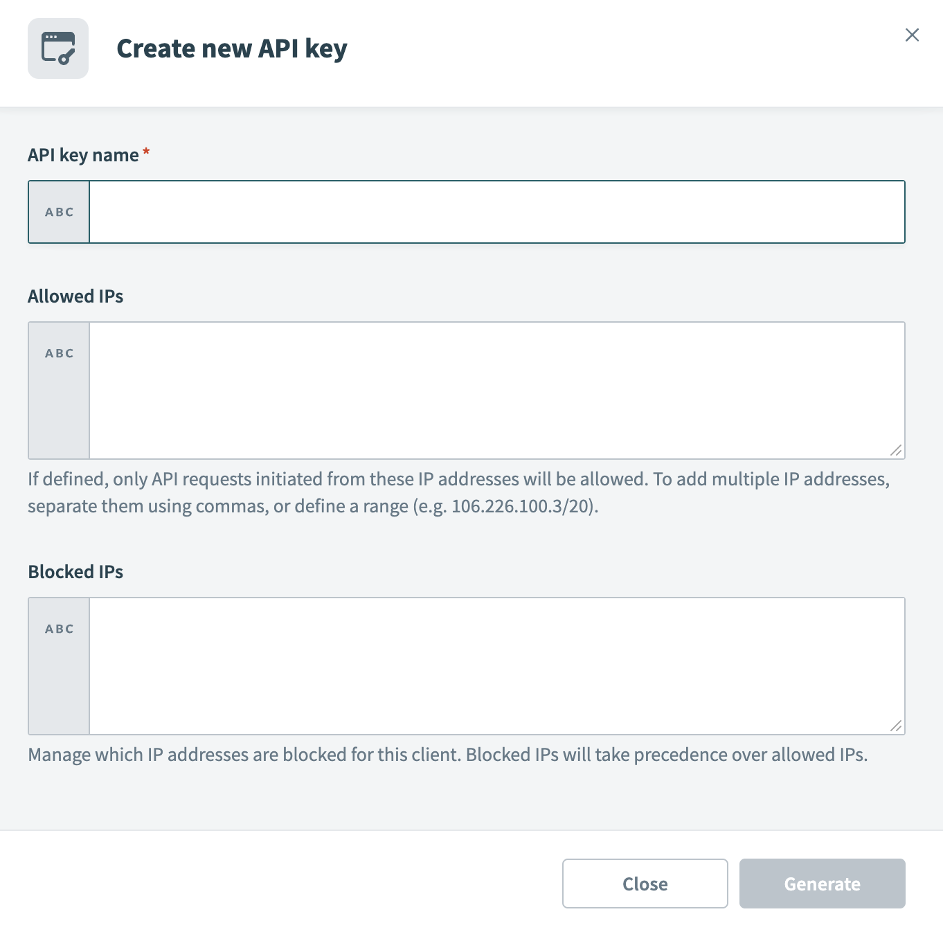 Configure new API key