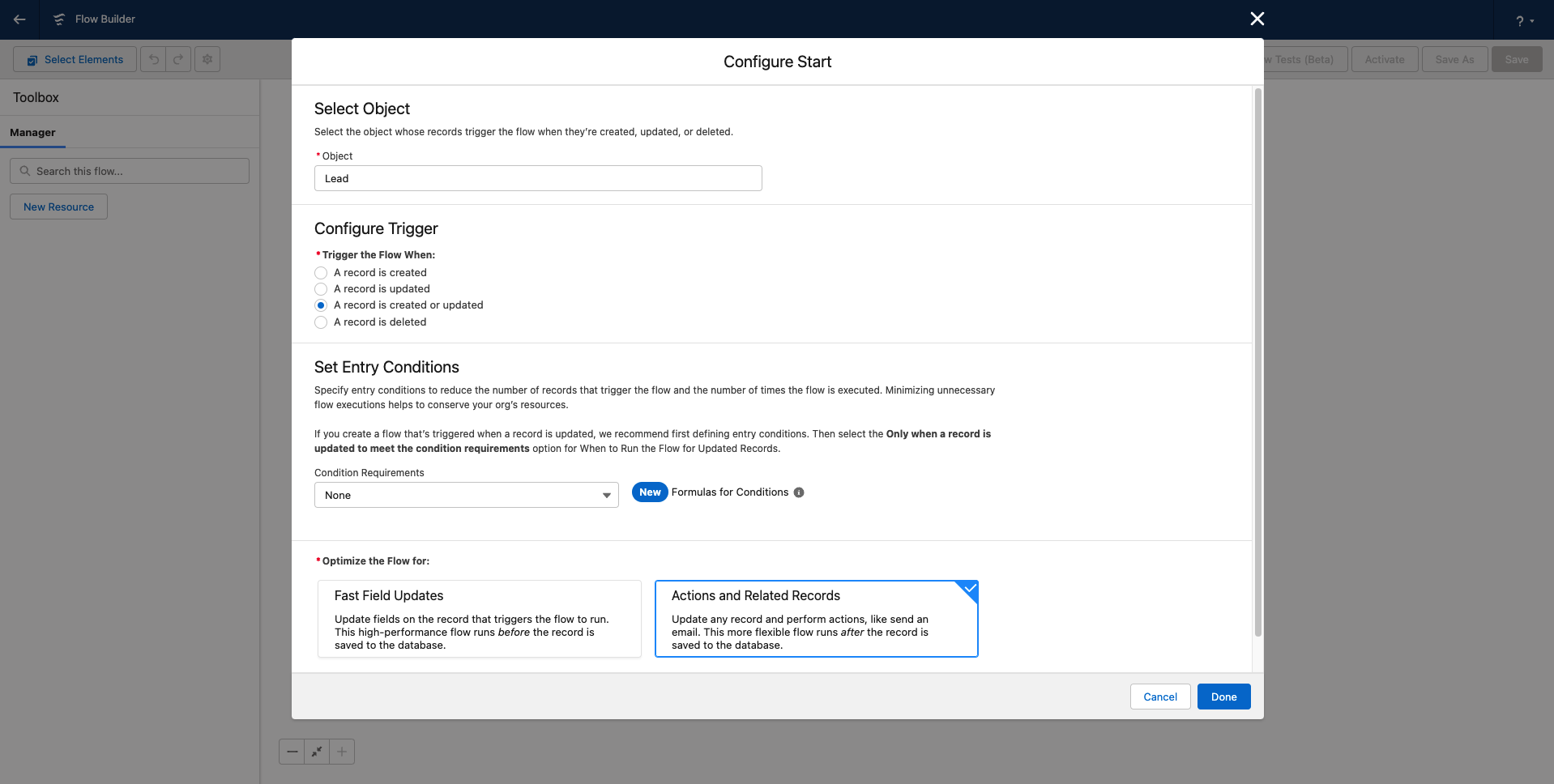 Setup the Salesforce flow to be triggered when record is created or updated