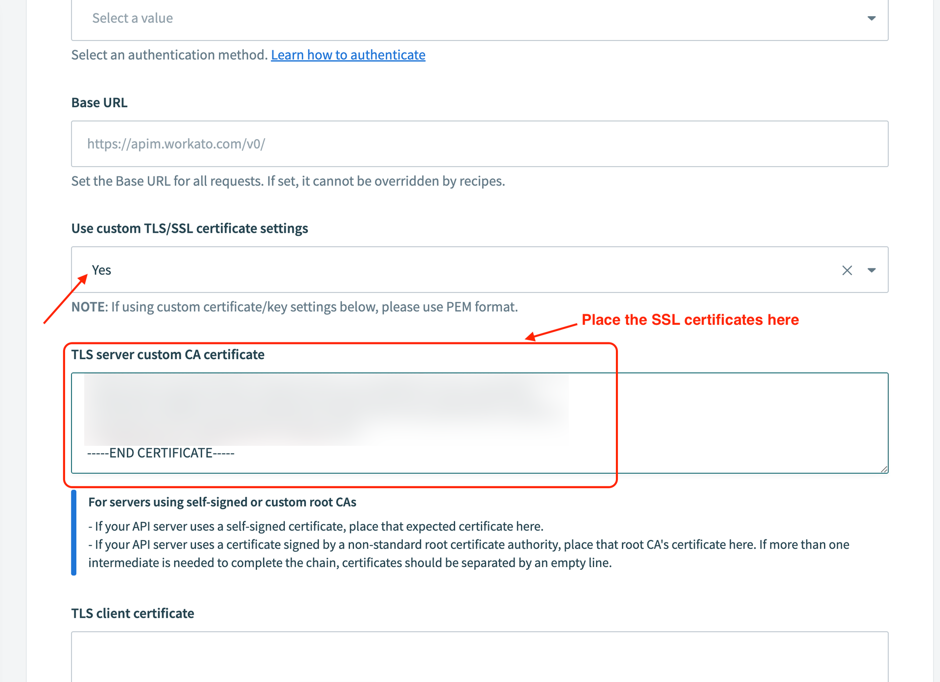 Paste the downloaded certificate contents