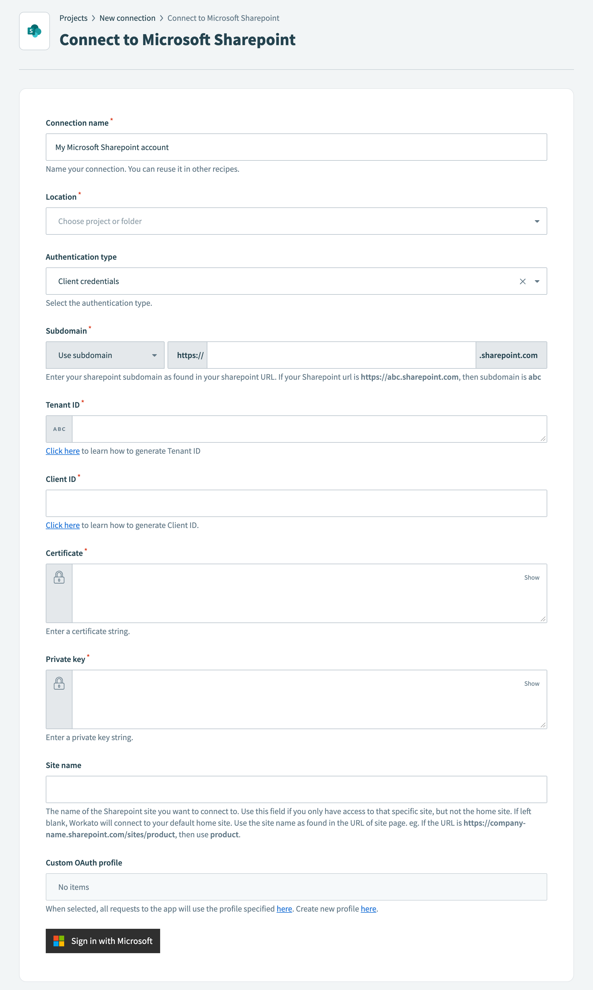 Microsoft SharePoint connection setup