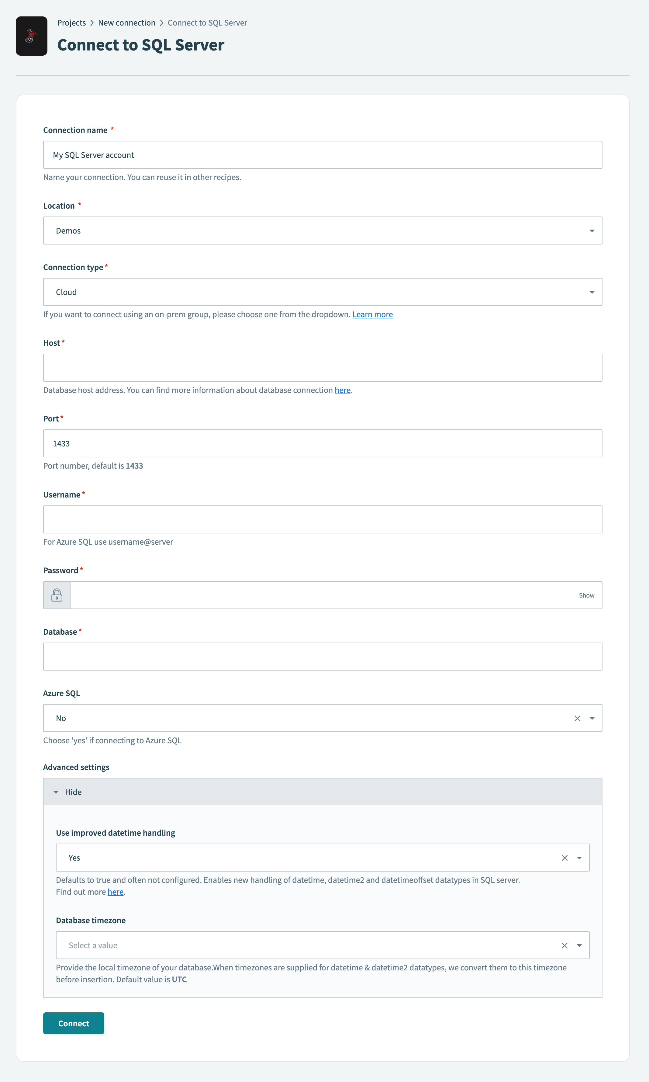 Connect to SQL Server using a cloud connection