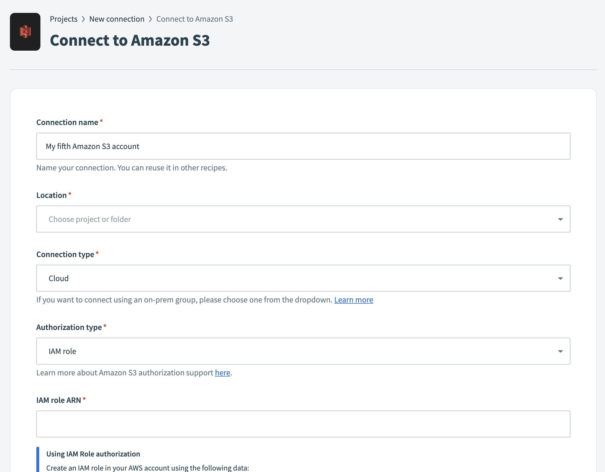 Amazon S3 connection setup