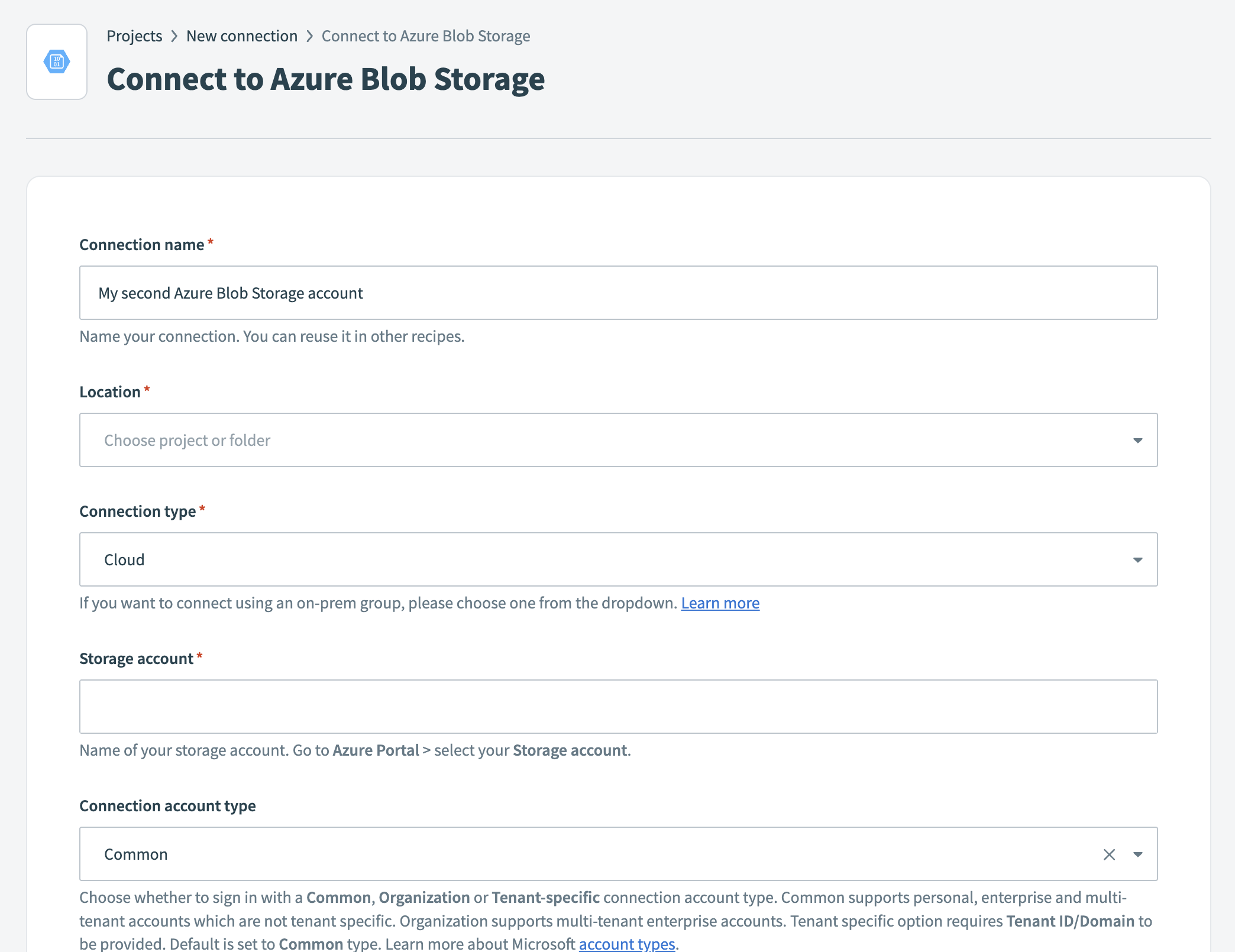 Azure Blob Storage connection setup