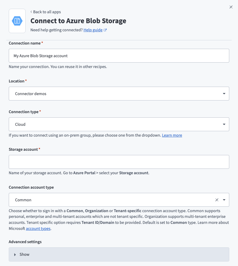 Azure Blob Storage connection setup
