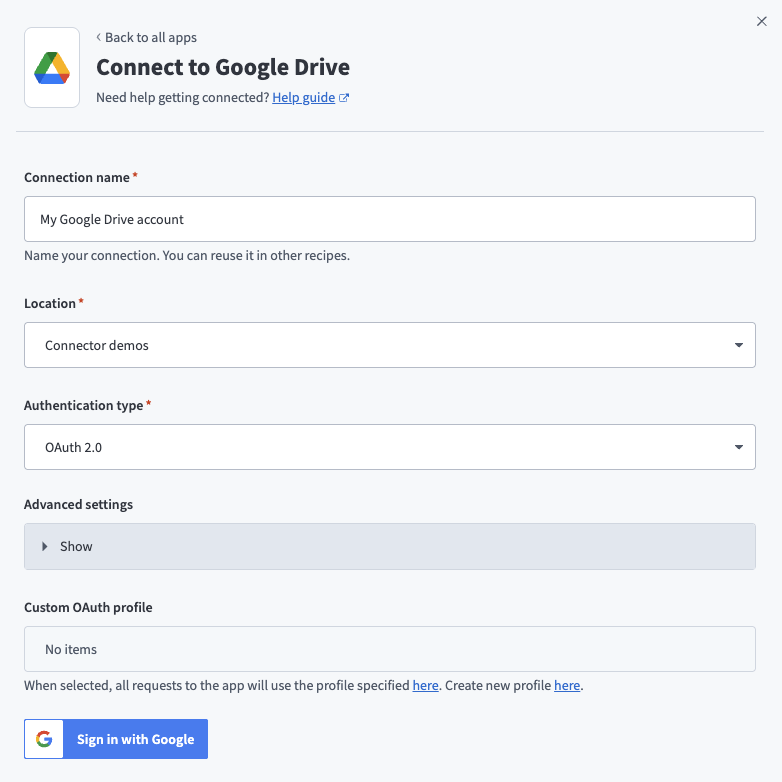 Google Drive connection setup
