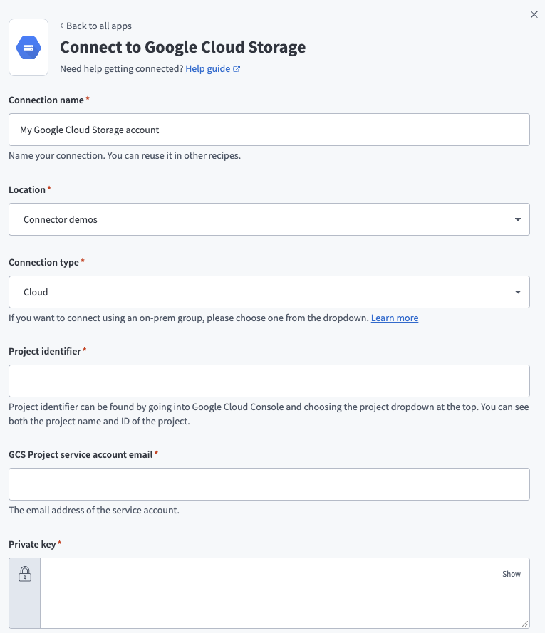 Google Cloud Storage connection setup