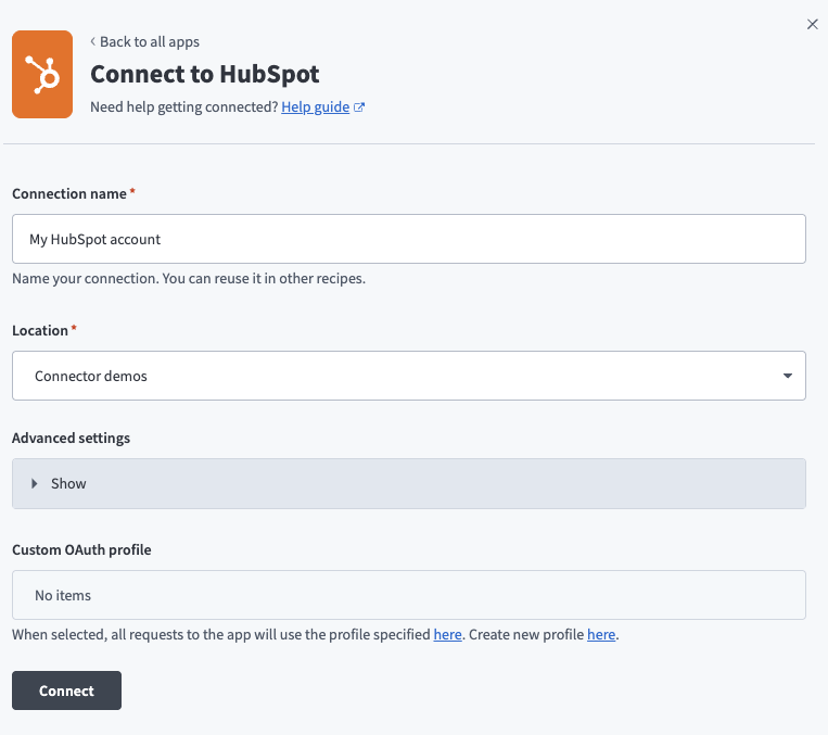 HubSpot connection setup