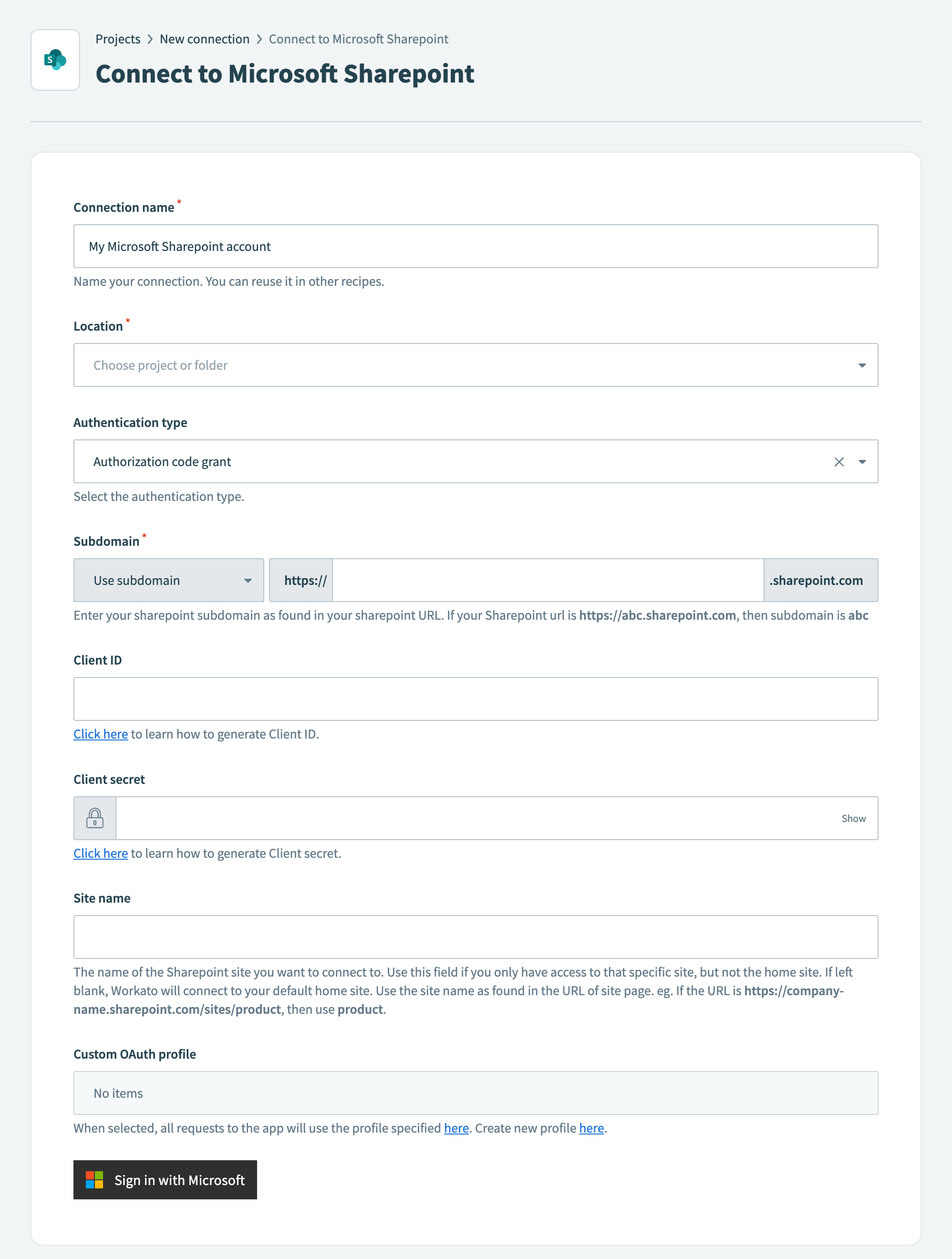 Microsoft SharePoint connection setup