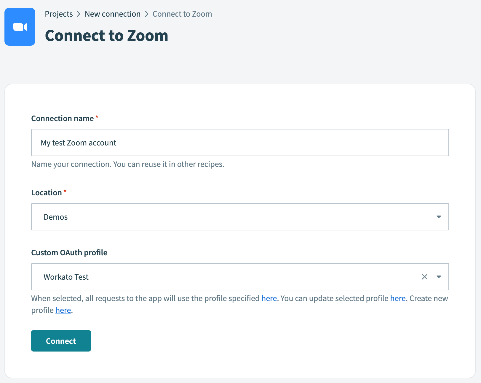 Connect to Zoom using custom OAuth profile