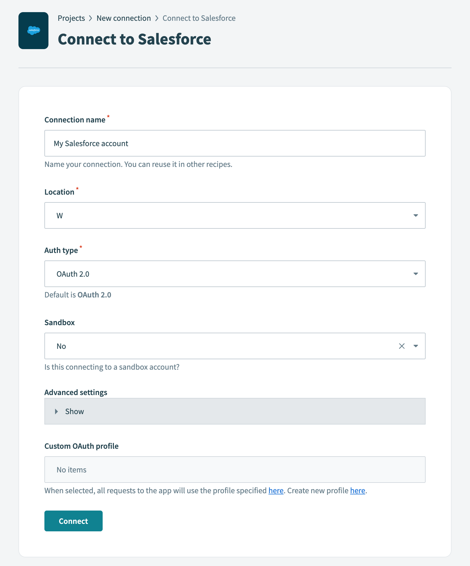 Salesforce connection setup