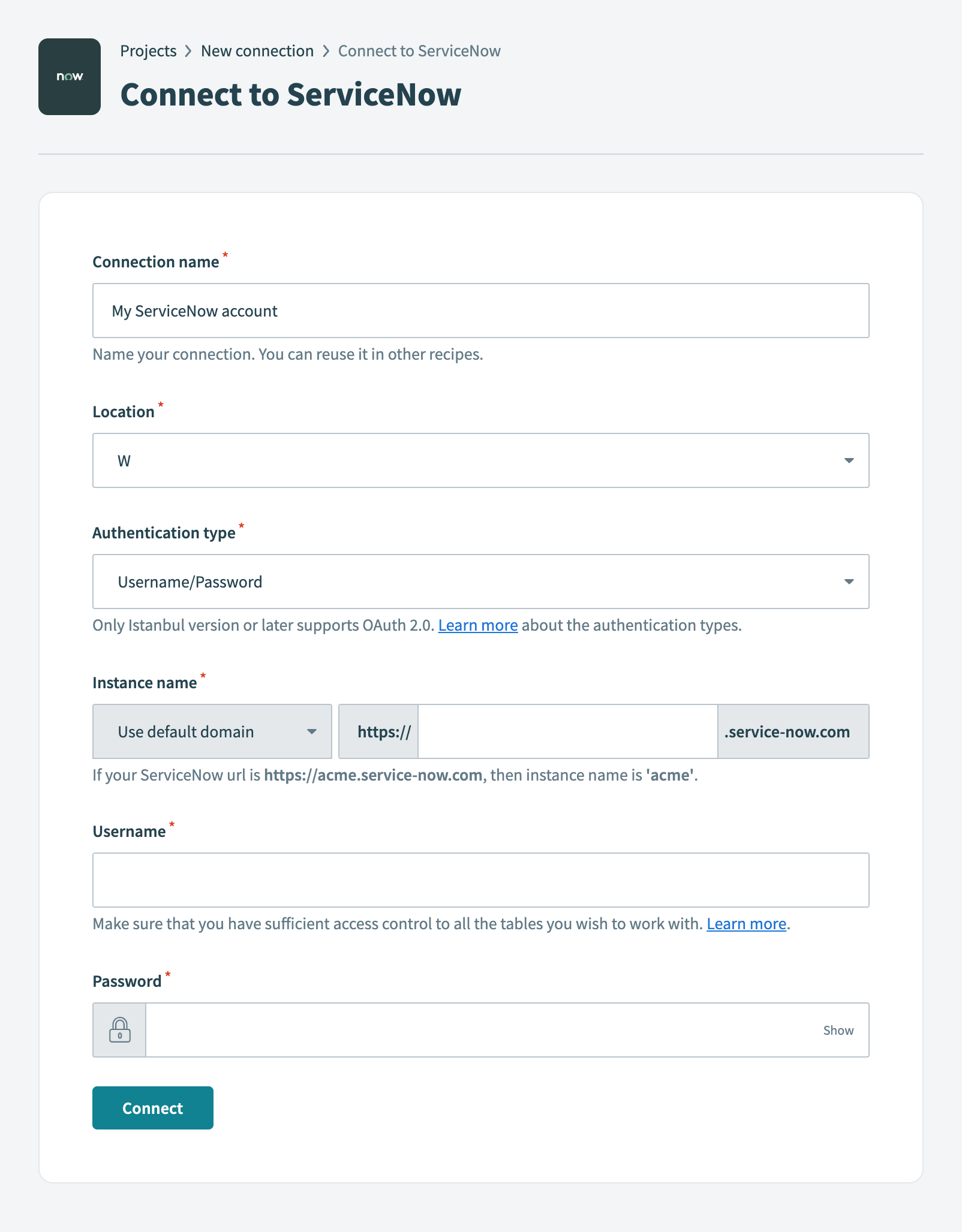 ServiceNow connection setup