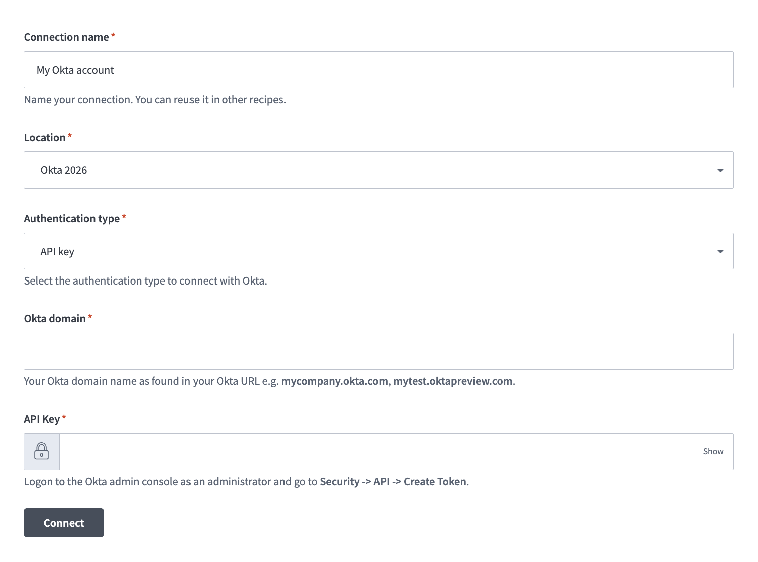 Okta API key connection setup