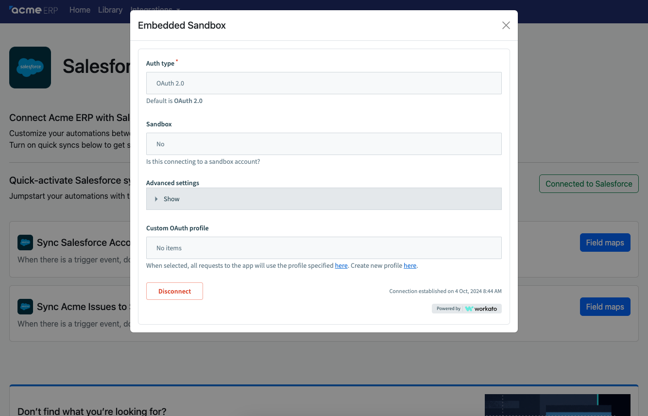 Connection widget of Salesforce connector within Acme ERP