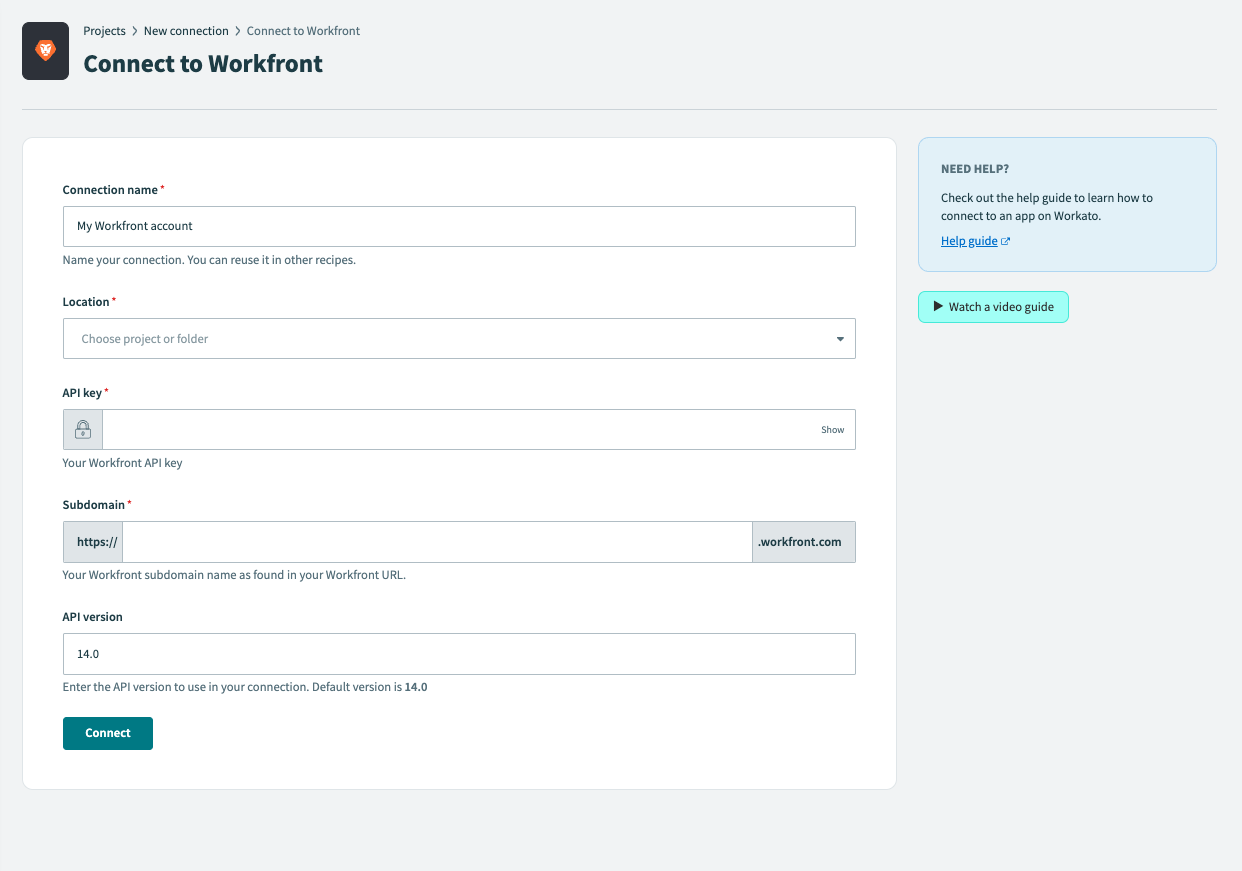 設定済みの Workfront コネクション