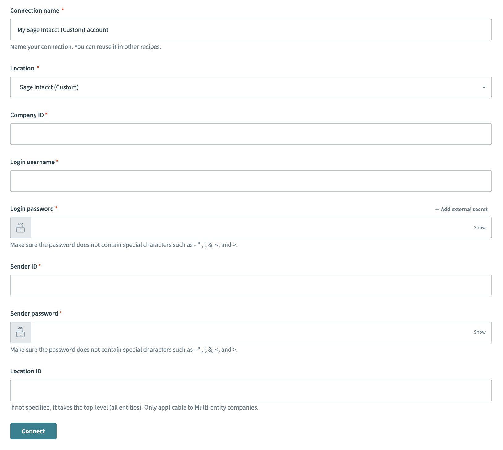 Sage Intacct connection