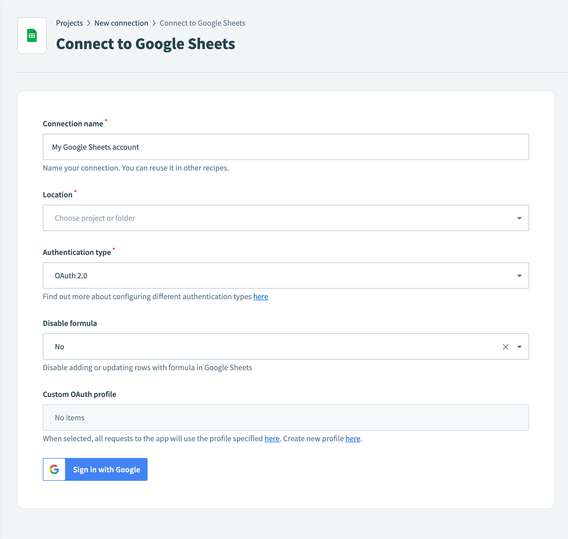 Configuring Google Sheet connection