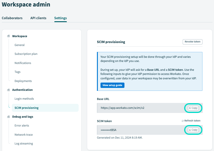 Supply Base URL and SCIM token from Workato